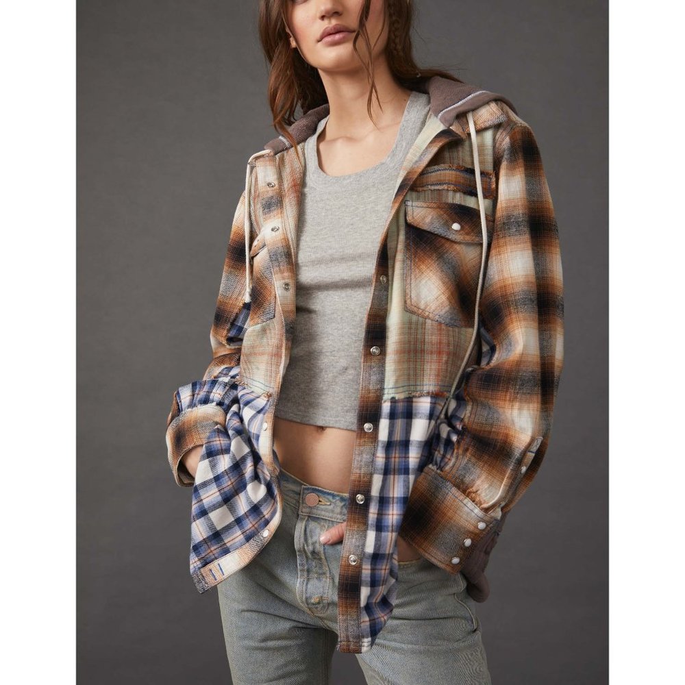 Free People Mixed Plaid Button-Down Shirt Jacket in Brown, Blue & Cream